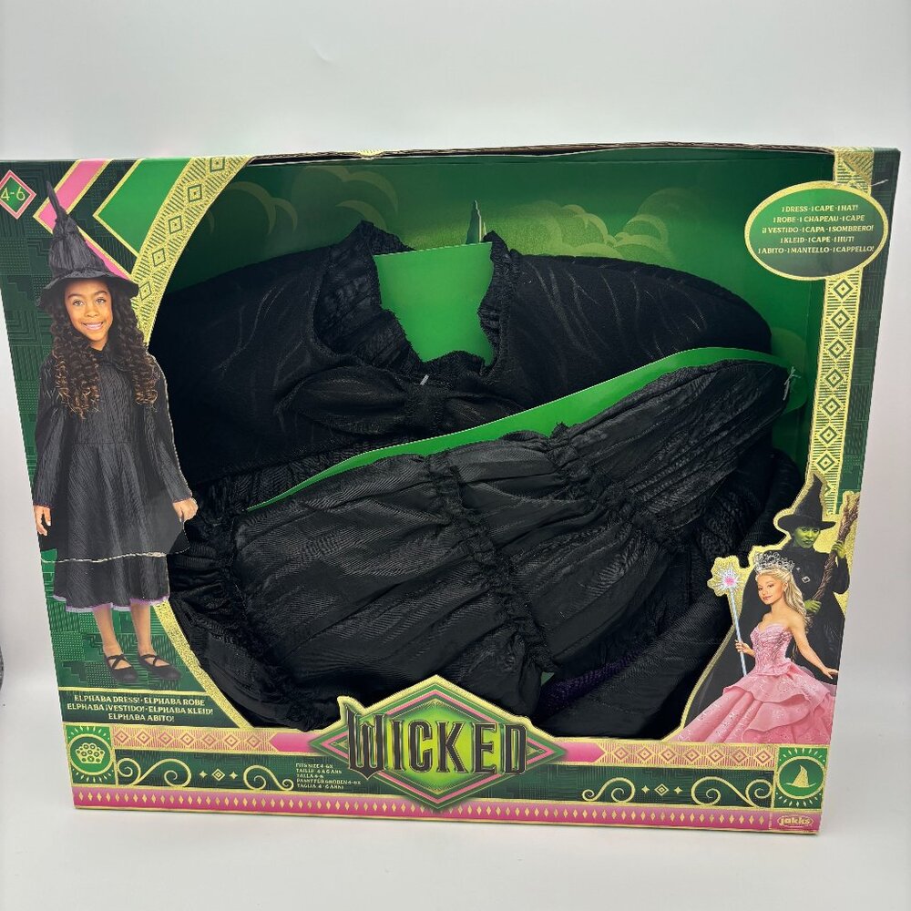 Universal's Wicked Deluxe Elphaba Black Dress Cape Hat Girl Child Costume, 4-6X